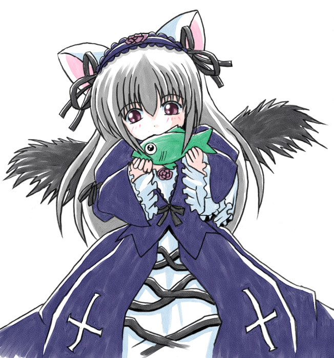 imai kazunari, suigintou, rozen maiden, silver hair, 00s, animal ears, biting, cat ears, fish, pink eyes, solo, wings