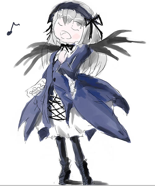 suigintou, rozen maiden, silver hair, 00s, blush, music, pale skin, singing, solo, wings
