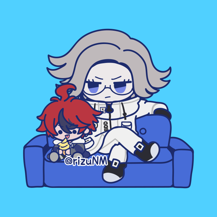 rizu (rizunm), aotsuki eito, sumino takumi, the hundred line -last defense academy-, spoilers, :/, ahoge, black gloves, black streaks, blue couch, chibi, chibi only, couch, crossed legs, glasses, gloves, grey hair, grey jacket, holding, holding ice cream cone, hood, hoodie, ice cream cone, jacket, licking, looking at another, male focus, multicolored hair, multiple boys, on couch, outstretched arms, pocket, purple eyes, red hair, short hair, simple background, spread arms, streaked hair, tongue, tongue out, twitter username, white hoodie, white jacket