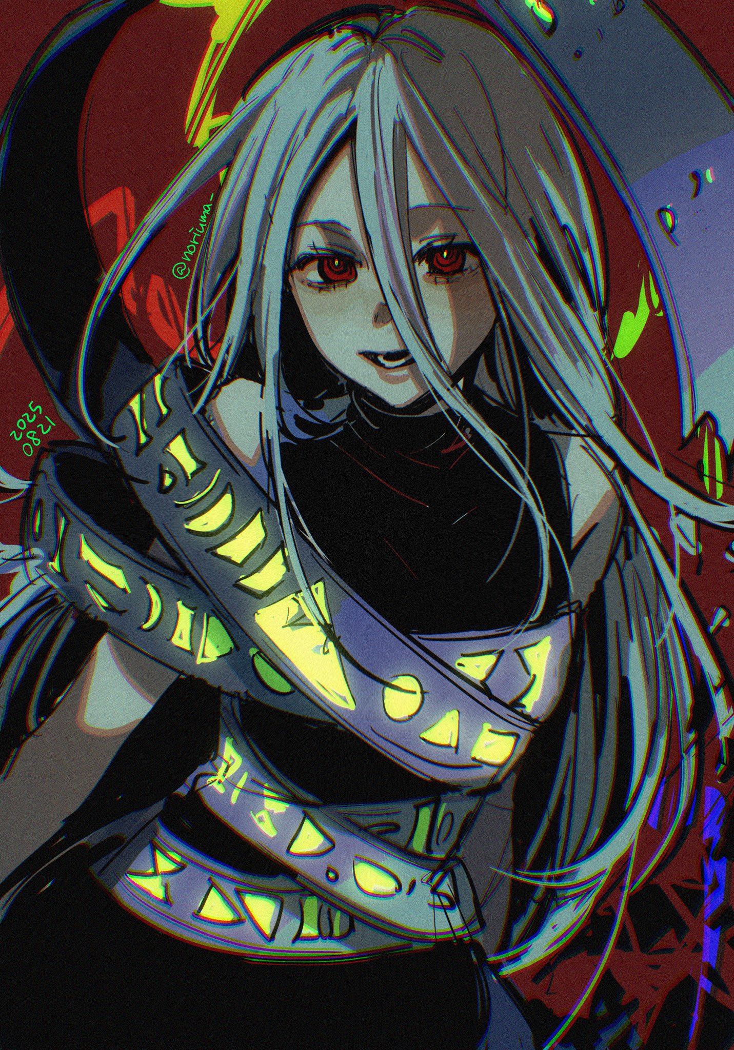 noriuma, yuiman asama, touhou, highres, 1girl, bare shoulders, black dress, cowboy shot, dress, grey hair, long bangs, long hair, looking at viewer, open mouth, red background, red eyes, ribbon around body, sleeveless, sleeveless dress, solo, turtleneck, turtleneck dress, very long hair