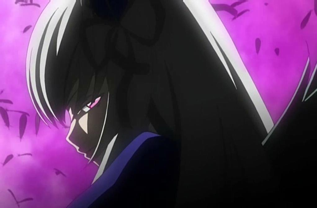suigintou, rozen maiden, silver hair, anime screenshot, 1girl, close-up, dark, feathers, female focus, from behind, glowing, glowing eyes, hair ribbon, looking at viewer, looking back, pink background, pink eyes, ribbon, simple background, smile, solo, upper body, wings
