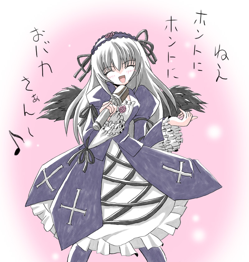 imai kazunari, suigintou, rozen maiden, school rumble, silver hair, 00s, 1girl, blush, female focus, long sleeves, lyrics, microphone, music, singing, solo, wings