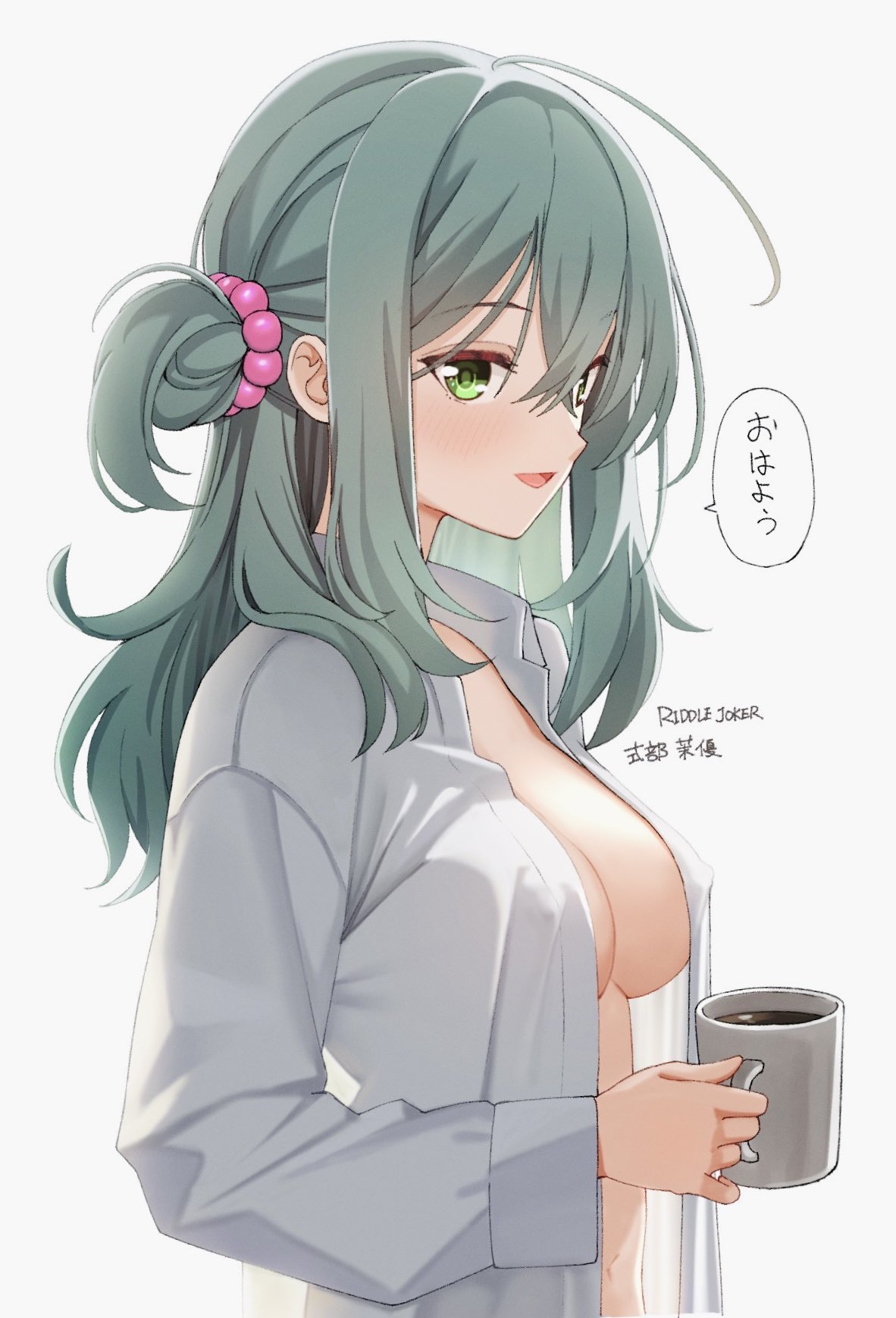 tft (tft7822), shikibe mayu, riddle joker, commentary request, highres, translated, 1girl, :d, ahoge, aqua hair, beads, blush, breasts, character name, cleavage, coat, coffee mug, copyright name, covered erect nipples, crossed bangs, cup, from side, green eyes, hair beads, hair between eyes, hair ornament, hair over shoulder, hand up, holding, holding cup, lab coat, large breasts, long hair, long sleeves, looking at viewer, mug, naked lab coat, one side up, open clothes, open coat, open mouth, sidelocks, smile, solo, speech bubble, straight hair, tsurime, upper body, white coat