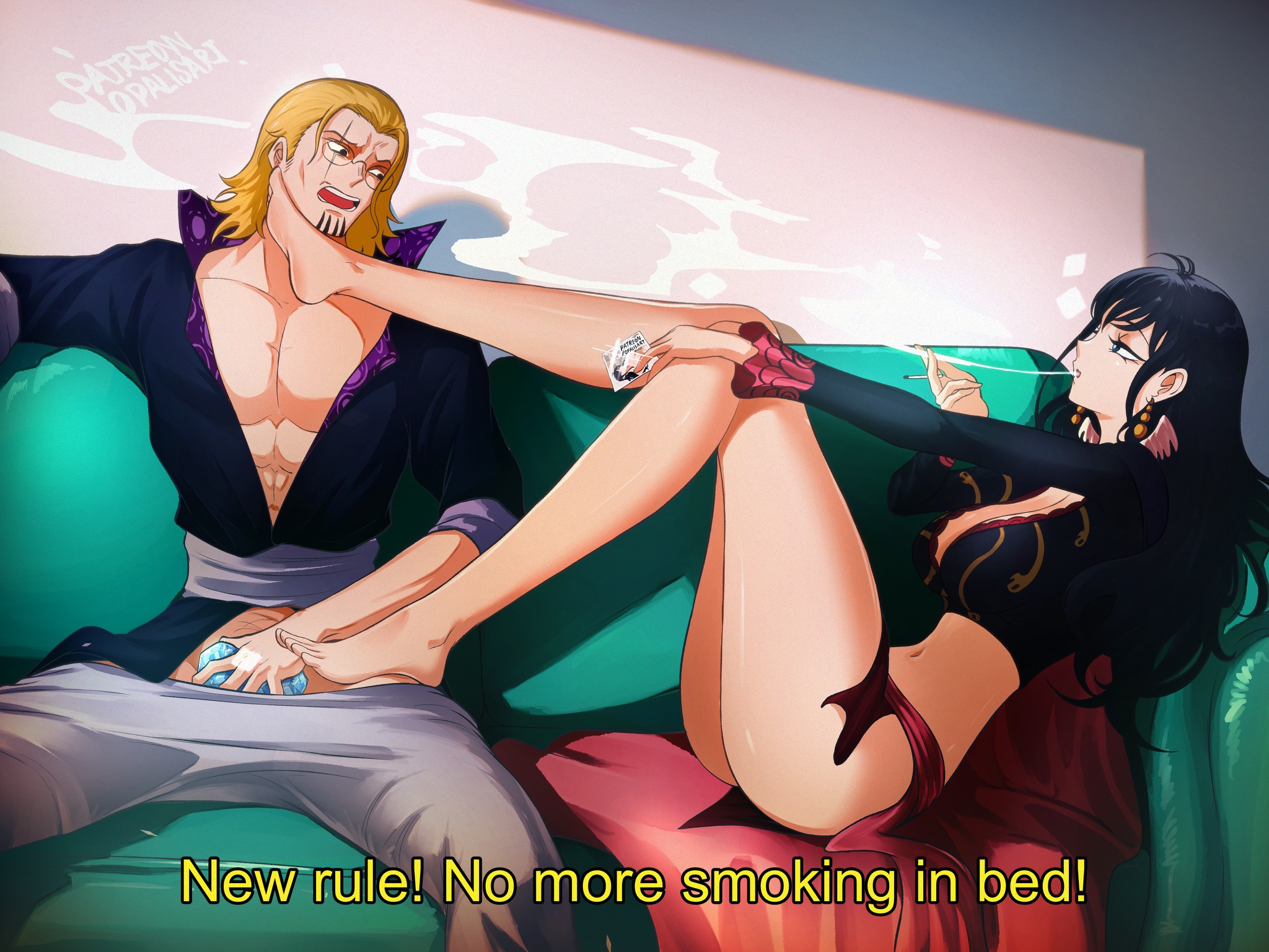 opalis, shakuyaku (one piece), silvers rayleigh, one piece, highres, 1boy, 1girl, abs, ass, barefoot, black hair, black shirt, blonde hair, breasts, cigarette, cleavage, clothes pull, glasses, grey pants, holding, holding cigarette, large breasts, long hair, muscular, muscular male, pants, pants pull, scar, scar across eye, scar on face, shirt, short hair, smoke