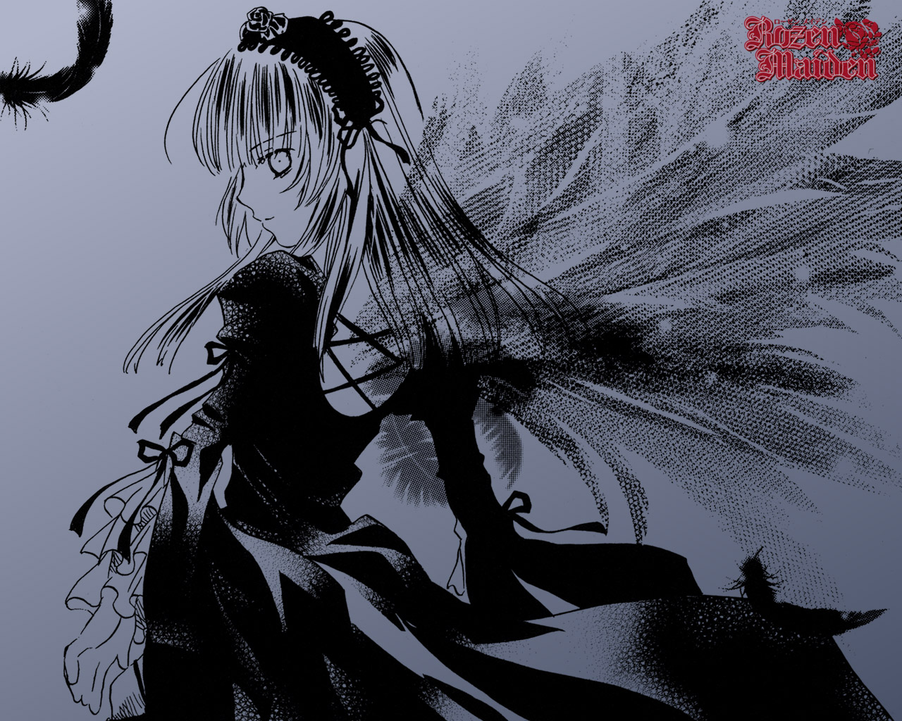 peach-pit, suigintou, rozen maiden, official art, official wallpaper, 00s, 1girl, blue background, female focus, from behind, lolita fashion, looking back, monochrome, simple background, solo