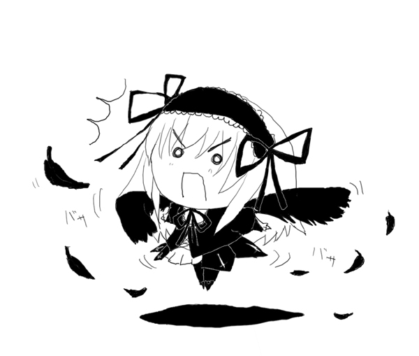 suigintou, rozen maiden, tagme, 00s, 1girl, chibi, chibi only, female focus, greyscale, monochrome, solo