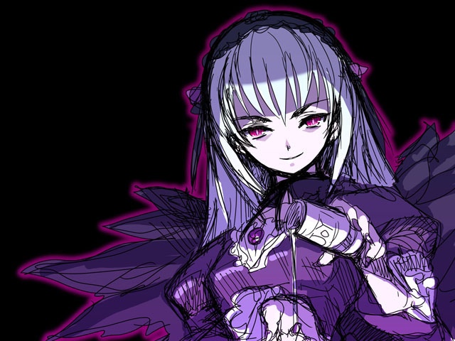 suigintou, rozen maiden, silver hair, 00s, 1girl, black background, blouse, colored skin, female focus, pink eyes, purple shirt, shirt, solo, white skin