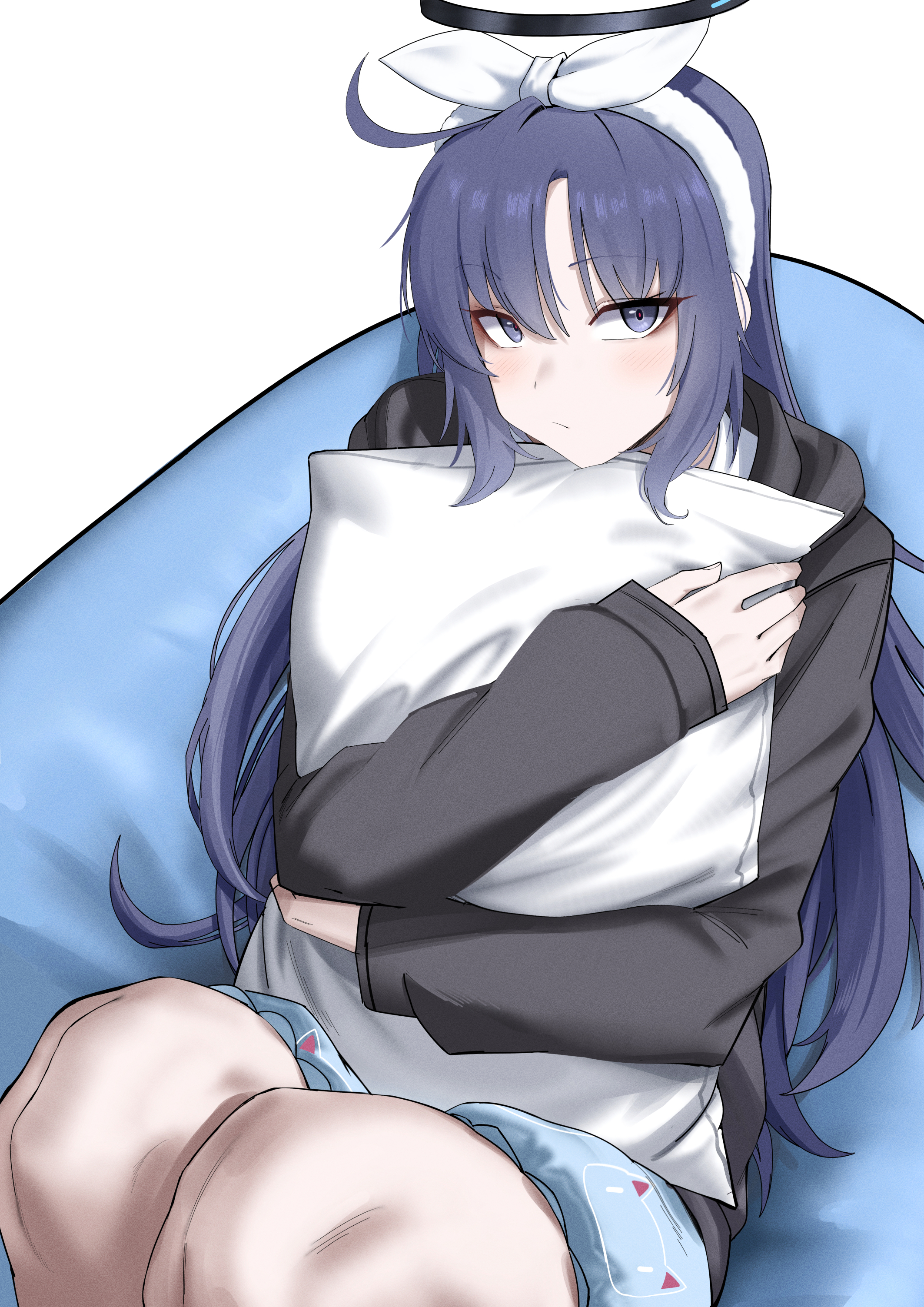 cliov, yuuka (blue archive), yuuka (pajamas) (blue archive), blue archive, absurdres, highres, 1girl, :/, black halo, black hoodie, blue eyes, blue hair, blue shorts, blush, bow hairband, closed mouth, feet out of frame, hairband, halo, hood, hoodie, hugging object, knees, knees up, long hair, long sleeves, pillow, pillow hug, shorts, sitting, solo, white background, white hairband