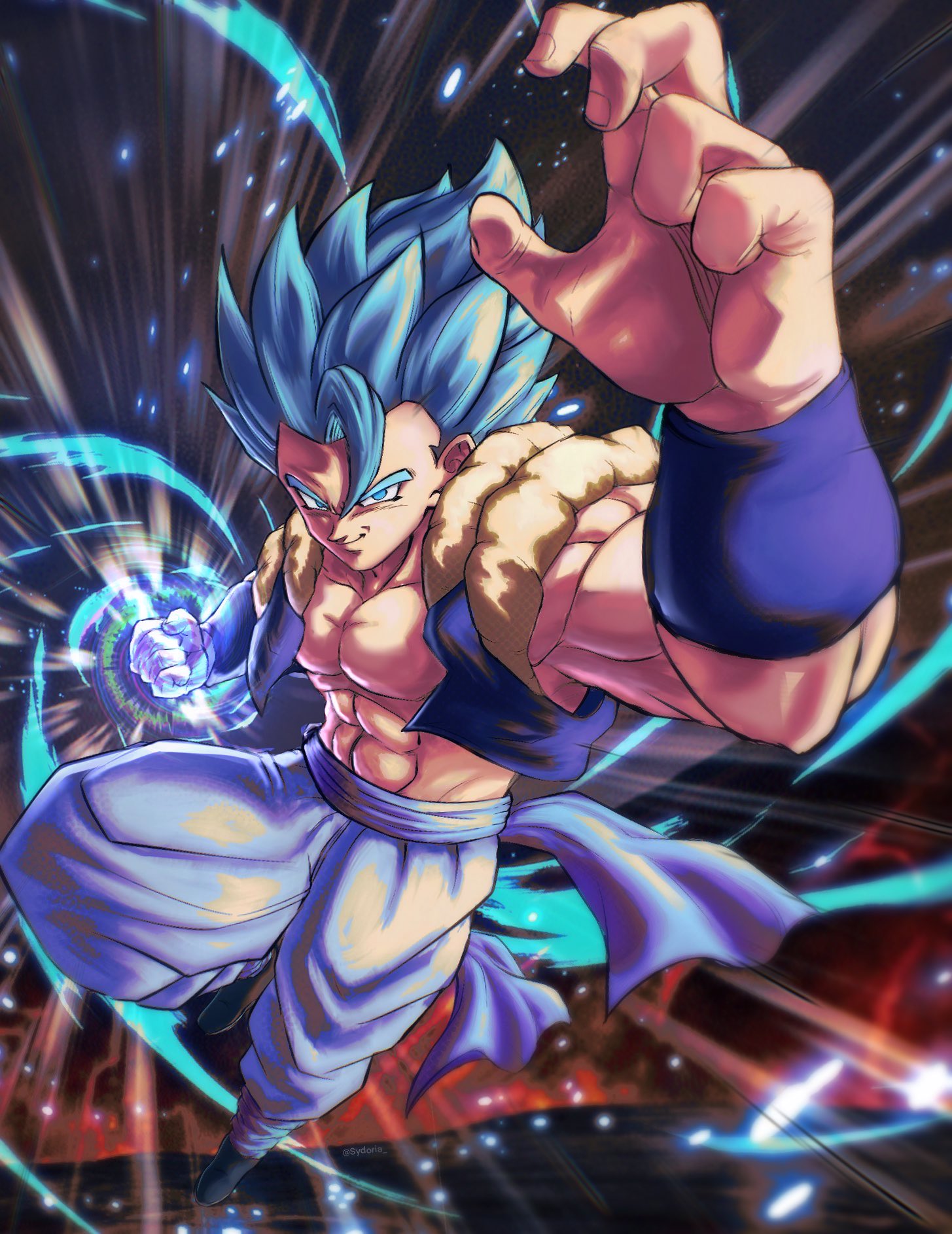 sydoria, gogeta, dragon ball, dragon ball super, dragon ball super broly, highres, 1boy, abs, aura, bare shoulders, black sash, black vest, blue eyes, blue hair, blurry, blurry background, cropped vest, fighting stance, full body, male focus, medium hair, metamoran vest, motion lines, muscular, muscular male, no shirt, open clothes, open vest, pants, sash, smirk, solo, speed lines, spiked hair, super saiyan, super saiyan blue, vest, white background, white pants