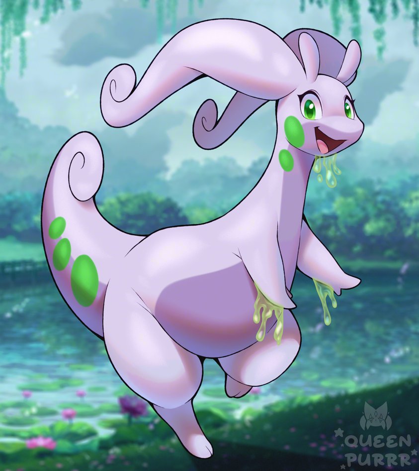 queen purrr, goodra, nintendo, pokemon, animal focus, artist name, blurry, blurry background, dripping, full body, gen 6 pokemon, green eyes, happy, looking at viewer, no humans, open mouth, outdoors, pokemon (creature), slime (substance), smile, solo, standing, tongue, watermark