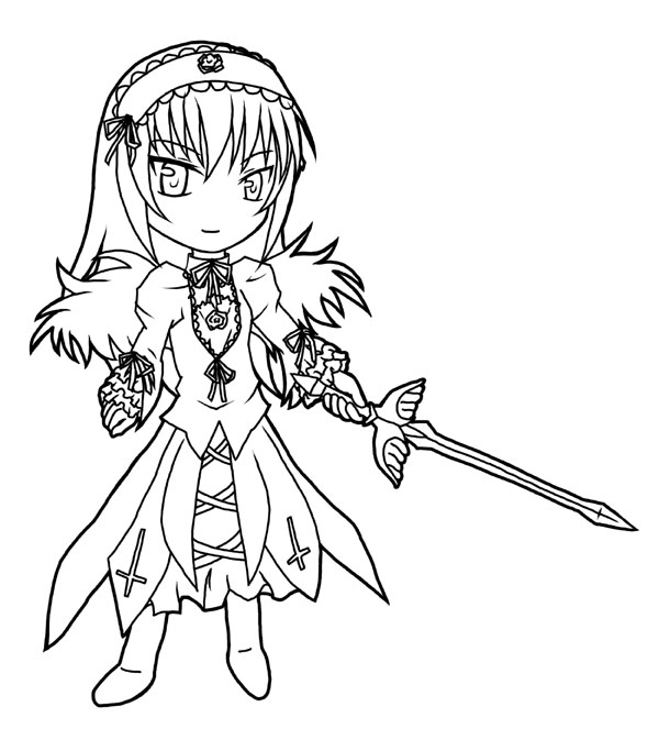 suigintou, rozen maiden, 00s, 1girl, bow, cross, female focus, frills, greyscale, headband, long sleeves, monochrome, ribbon, solo, sword, weapon, wings