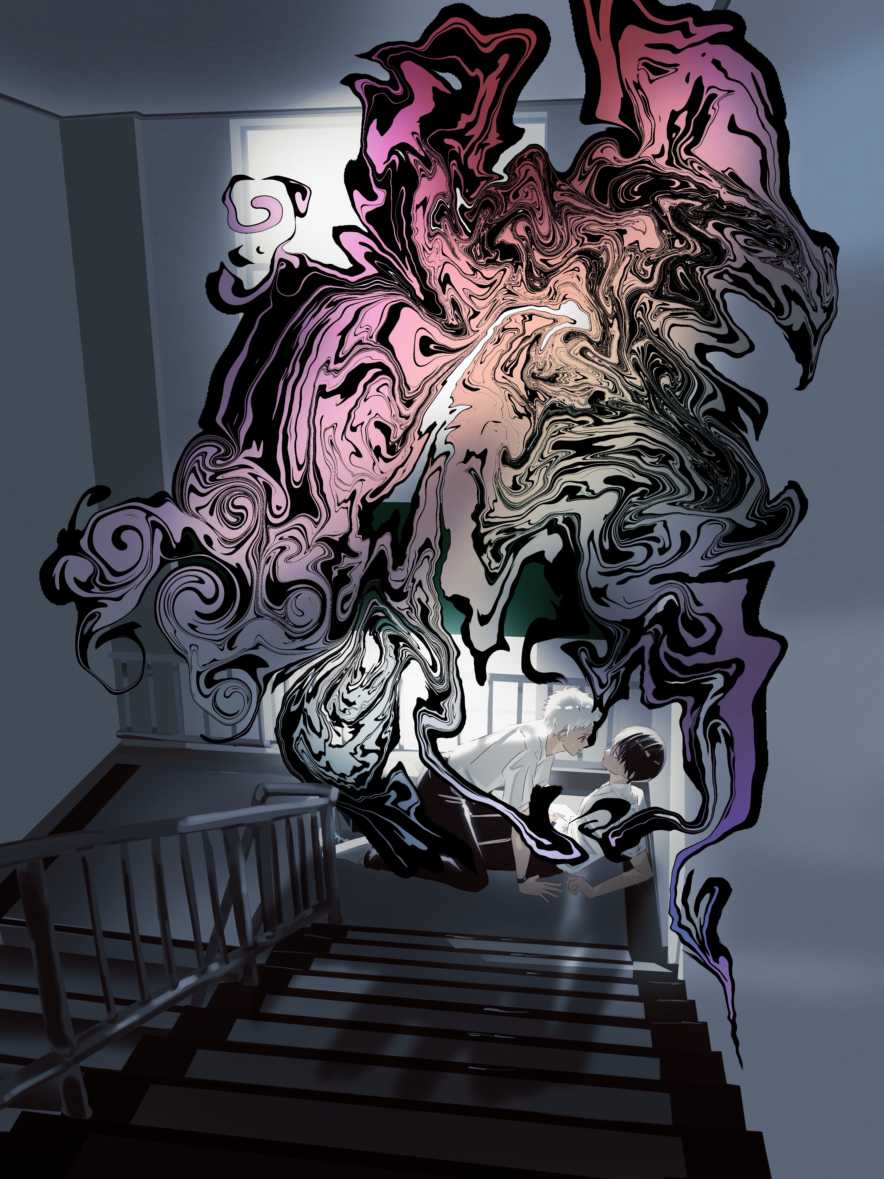 inunoami, indou hikaru, tsujinaka yoshiki, hikaru ga shinda natsu, absurdres, highres, 2boys, black hair, collared shirt, horror (theme), male focus, monster boy, multiple boys, pants, school uniform, shirt, short hair, short sleeves, stairs, stairwell, watch, white hair, white shirt, wristwatch