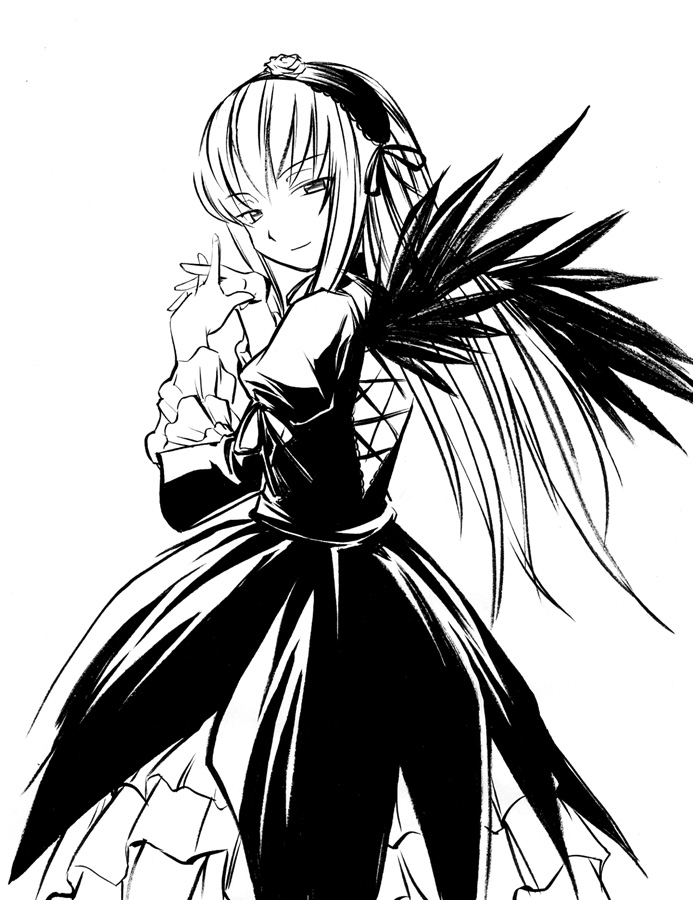 suigintou, rozen maiden, 00s, 1girl, armlet, cross-laced clothes, dress, female focus, frilled dress, frilled sleeves, frills, greyscale, jewelry, long sleeves, looking at viewer, monochrome, own hands together, puffy long sleeves, puffy sleeves, simple background, solo, standing, white background, wings