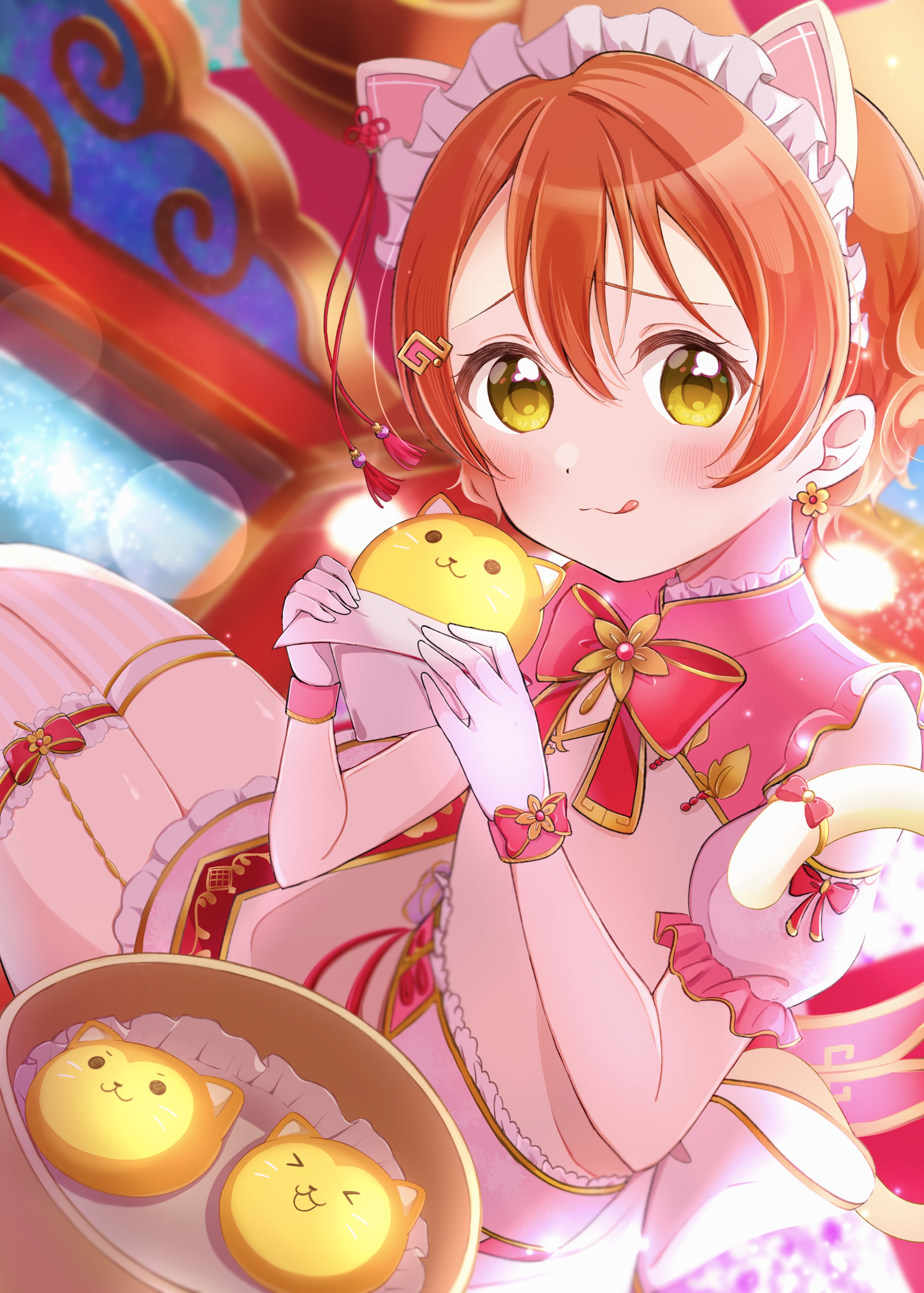 osono (osonokichi), hoshizora rin, love live!, love live! school idol project, absurdres, highres, 1girl, :q, animal ears, blush, cat ears, closed mouth, earrings, fake animal ears, food, gloves, hair ornament, hairclip, holding, holding food, jewelry, looking at viewer, maid headdress, orange hair, short hair, sitting, solo, thighhighs, tongue, tongue out, white gloves, yellow eyes