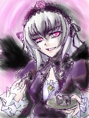 suigintou, rozen maiden, silver hair, lowres, 00s, 1girl, black wings, female focus, food, fork, glowing, glowing eyes, hairband, looking at viewer, pink eyes, plate, solo, upper body, wings