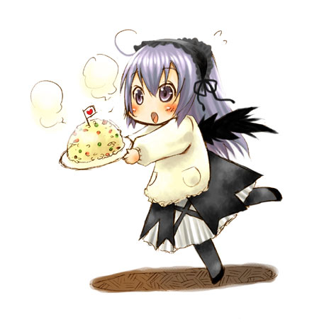 suigintou, rozen maiden, silver hair, lowres, 00s, 1girl, :o, apron, black wings, blush, cake, carrying, female focus, food, full body, hair between eyes, heart, long sleeves, open mouth, plate, pocket, purple eyes, short hair, solo, tripping, wings