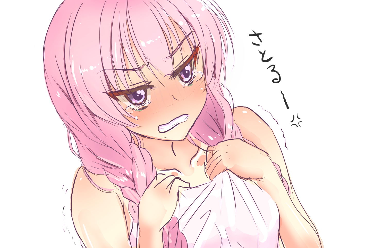 karukan (karukann), mitsukasa ayase, riddle joker, commentary request, partial commentary, translated, 1girl, aftersex, anger vein, angry, bare shoulders, blunt bangs, blush, braid, breast suppress, character name, clenched teeth, collarbone, dutch angle, embarrassed, eyes visible through hair, hair between eyes, hands up, long hair, looking to the side, naked towel, nose blush, official alternate hairstyle, pink hair, purple eyes, simple background, sketch, solo, tearing up, tears, teeth, towel, trembling, tsurime, twin braids, upper body, v-shaped eyebrows, white background