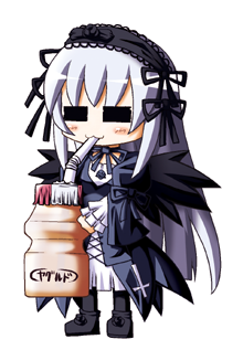 herada mitsuru, suigintou, rozen maiden, silver hair, lowres, 00s, 1girl, = =, black dress, boots, bottle, brown boots, chibi, chibi only, dress, drinking, drinking straw, female focus, full body, hairband, holding, lolita hairband, long hair, simple background, solo, standing, very long hair, white background