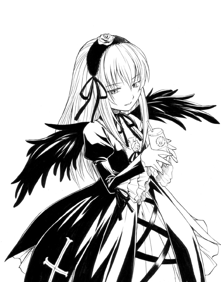 suigintou, rozen maiden, 00s, 1girl, choker, cross, cross-laced clothes, cross print, cup, dress, drinking straw, female focus, gothic lolita, greyscale, hair between eyes, hair ribbon, hairband, half-closed eyes, high contrast, holding, lolita fashion, long sleeves, monochrome, ribbon, simple background, solo, white background, wings