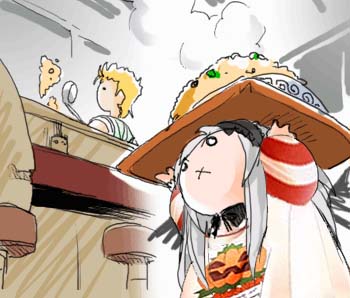 suigintou, gundam, rozen maiden, silver hair, lowres, 00s, 1girl, bar (place), black wings, carrying overhead, female focus, frying pan, headband, indoors, kitchen, ladle, rice, solo, steam, tray, upper body, wings