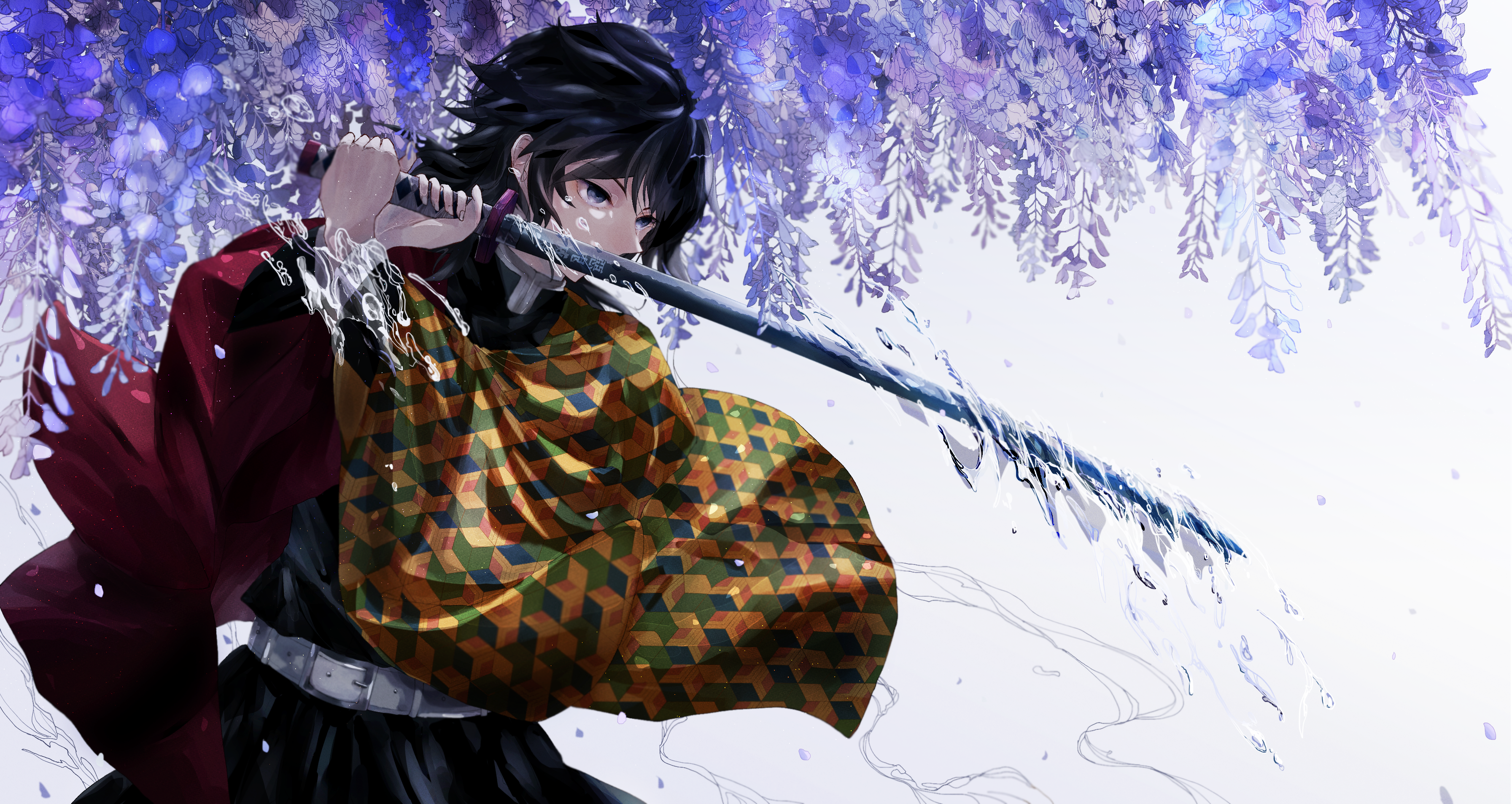 tomioka giyuu, kimetsu no yaiba, absurdres, highres, 1boy, aquabi, black hair, black jacket, demon slayer uniform, hands up, haori, holding, holding sword, holding weapon, jacket, japanese clothes, katana, long hair, low ponytail, male focus, ponytail, solo, spiked hair, sword, weapon