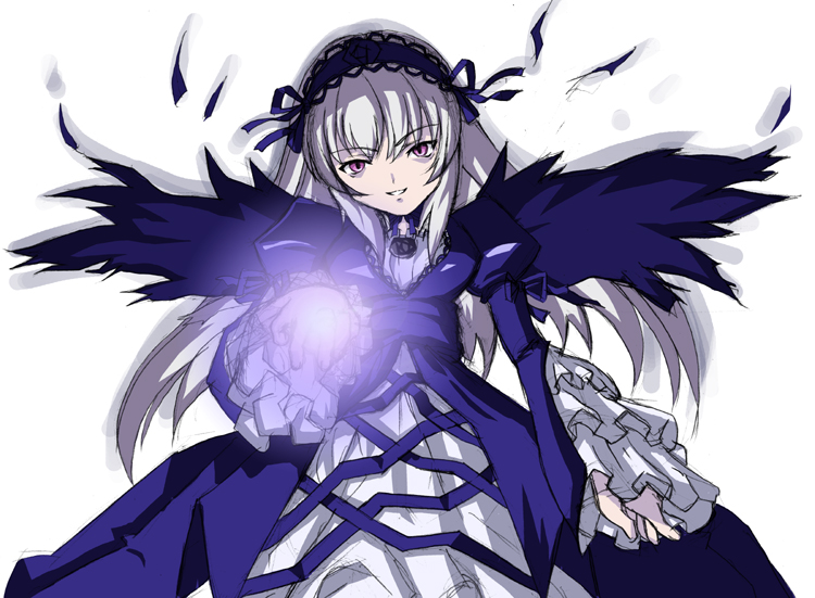 suigintou, rozen maiden, silver hair, tagme, 00s, lolita fashion, pink eyes, simple background, solo, white background, wings