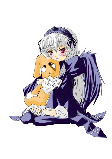 kunkun, suigintou, rozen maiden, silver hair, 00s, blush, pink eyes, solo, wings