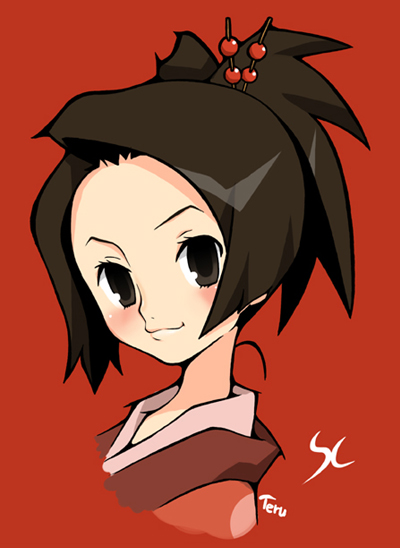 imaizumi teruhiko, fuu (samurai champloo), samurai champloo, 00s, 1girl, artist name, blush, brown eyes, brown hair, female focus, hair ornament, hairpin, portrait, red background, short hair, simple background, smile, solo, upper body
