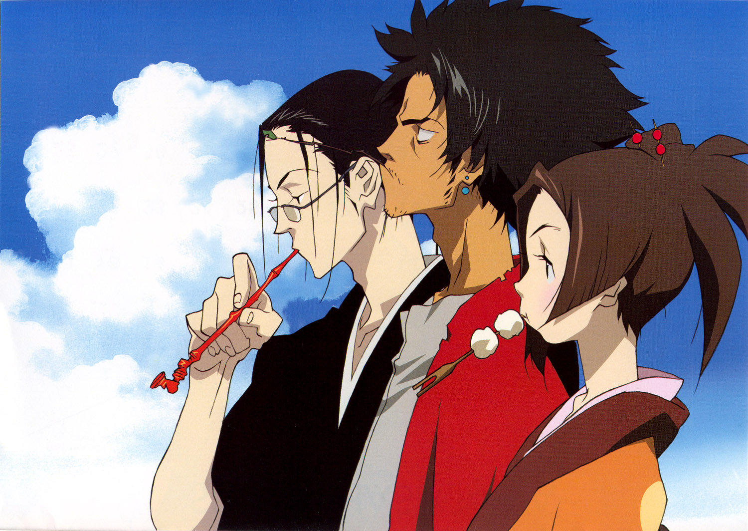 fuu (samurai champloo), jinnosuke, mugen (samurai champloo), samurai champloo, official art, 00s, 1girl, 2boys, black hair, blouse, blue sky, brown eyes, brown hair, earrings, everyone, glasses, hair bobbles, hair bun, hair ornament, holding, holding smoking pipe, japanese clothes, jewelry, kimono, kiseru, long hair, mouth hold, multiple boys, pipe in mouth, ponytail, portrait, profile, red shirt, shirt, short hair, sky, smoking pipe, stick