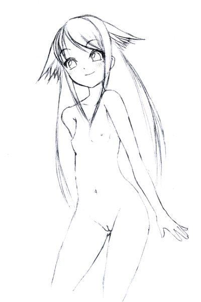 saya (saya no uta), saya no uta, artist request, tagme, 1girl, blush, completely nude, dot nose, female focus, greyscale, loli, long hair, monochrome, navel, nipples, nude, pussy, sketch, smile, solo, white background