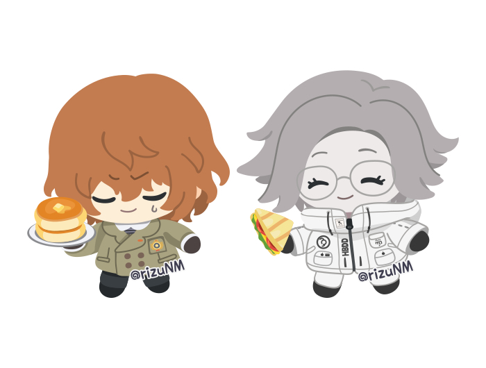 rizu (rizunm), akechi gorou, aotsuki eito, persona, persona 5, the hundred line -last defense academy-, 2boys, ^ ^, black gloves, brown hair, chibi, chibi only, closed eyes, food, glasses, gloves, green jacket, grey hair, holding, holding food, holding plate, holding sandwich, jacket, male focus, multiple boys, pancake, pancake stack, plate, sandwich, short hair, simple background, smile, sweatdrop, twitter username, white background, white jacket