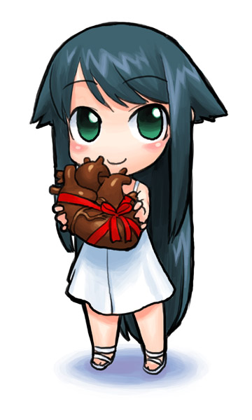 saya (saya no uta), saya no uta, 1girl, candy, chibi, chibi only, chocolate, chocolate heart, female focus, food, gift, heart, heart (organ), holding, holding gift, ribbon, solo, too literal, valentine, you're doing it wrong