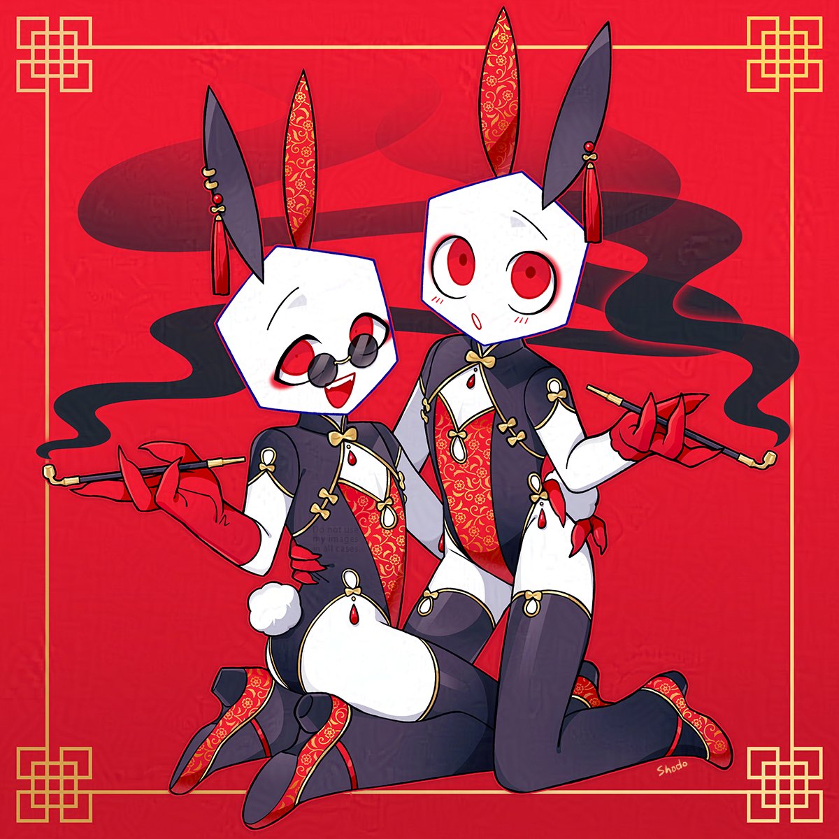 deltarune, utdr (toby fox), highres, 2others, animal ears, arm behind back, ass, black leotard, black thighhighs, blush, eyeliner, fake animal ears, gloves, hand on another's hip, hand on another's waist, holding, holding smoking pipe, kneeling, kogekoge shoudo, leotard, makeup, multiple others, pippins (deltarune), playboy bunny, rabbit ears, rabbit tail, red eyeliner, red eyes, red gloves, red shoes, round eyewear, shoes, sitting, smile, smoke, smoke trail, smoking pipe, tail, tassel, teeth, thighhighs, wariza