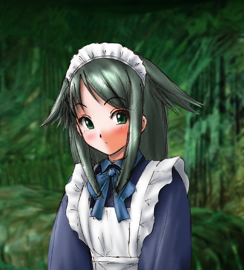 saya (saya no uta), saya no uta, exif thumbnail surprise, 1girl, alternate costume, blush, cosplay, enmaided, female focus, green background, green eyes, green hair, long hair, looking at viewer, maid, maid headdress, matching hair/eyes, simple background, solo, upper body