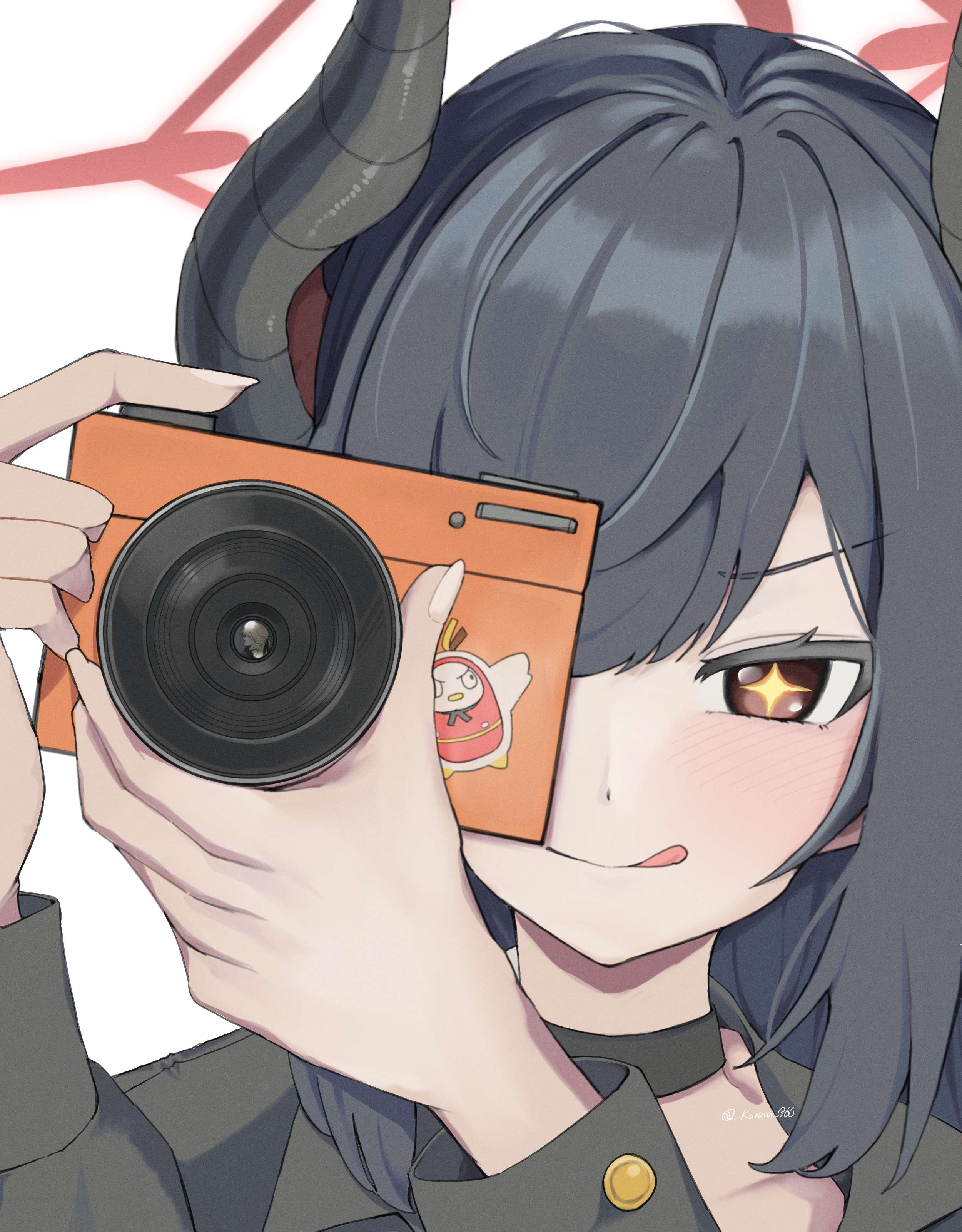 966 kururu 966, chiaki (blue archive), peroro (blue archive), blue archive, absurdres, highres, + +, 1girl, :q, black choker, black hair, black shirt, blush, brown eyes, camera, choker, closed mouth, demon girl, demon horns, halo, hands up, holding, holding camera, horns, long hair, looking at viewer, portrait, red halo, shirt, simple background, smile, solo, sticker, taking picture, tongue, tongue out, v-shaped eyebrows, white background