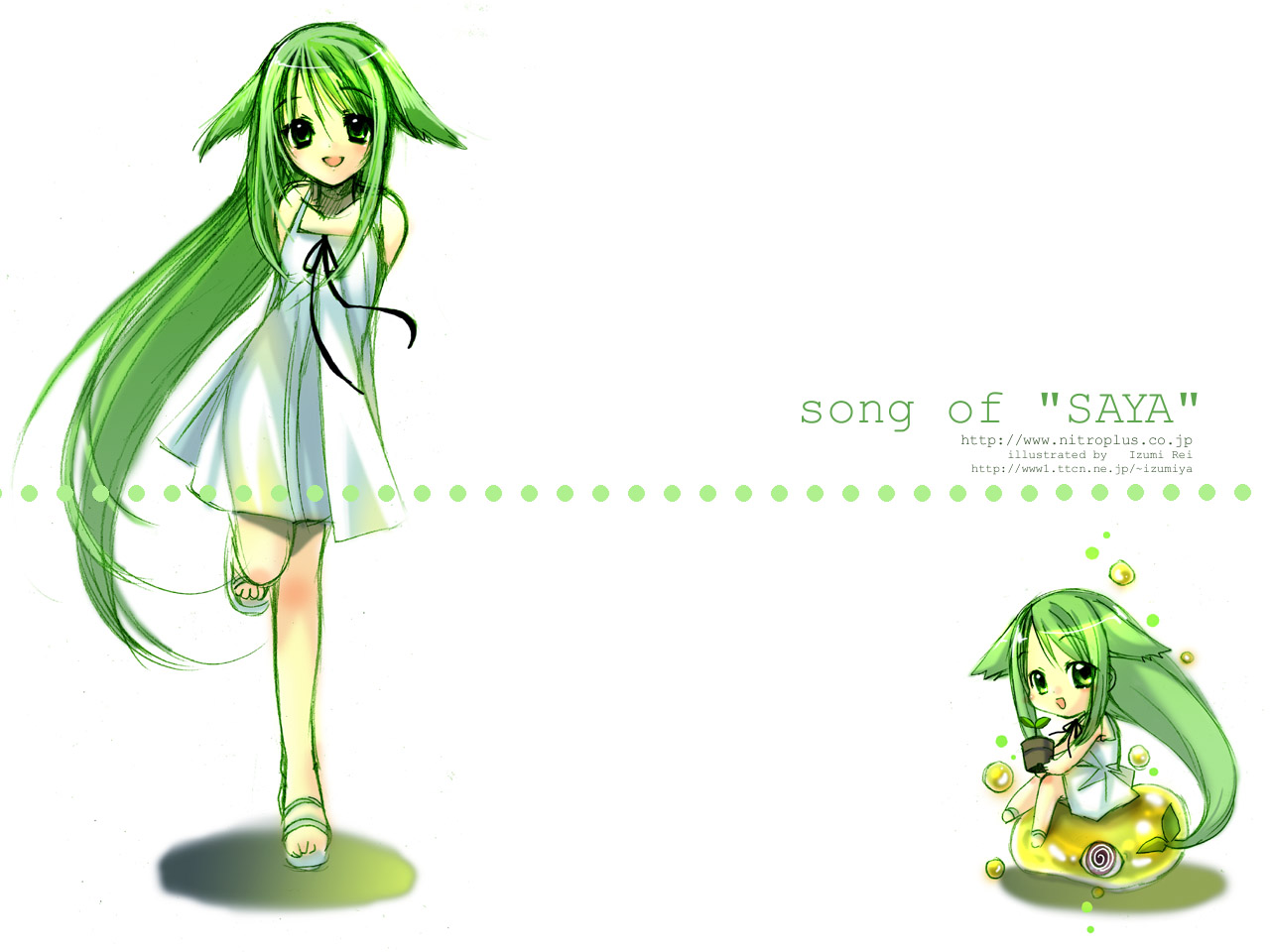 izumi rei, saya (saya no uta), saya no uta, chibi, dress, green eyes, green hair, happy, long hair, multiple views, sandals, smile