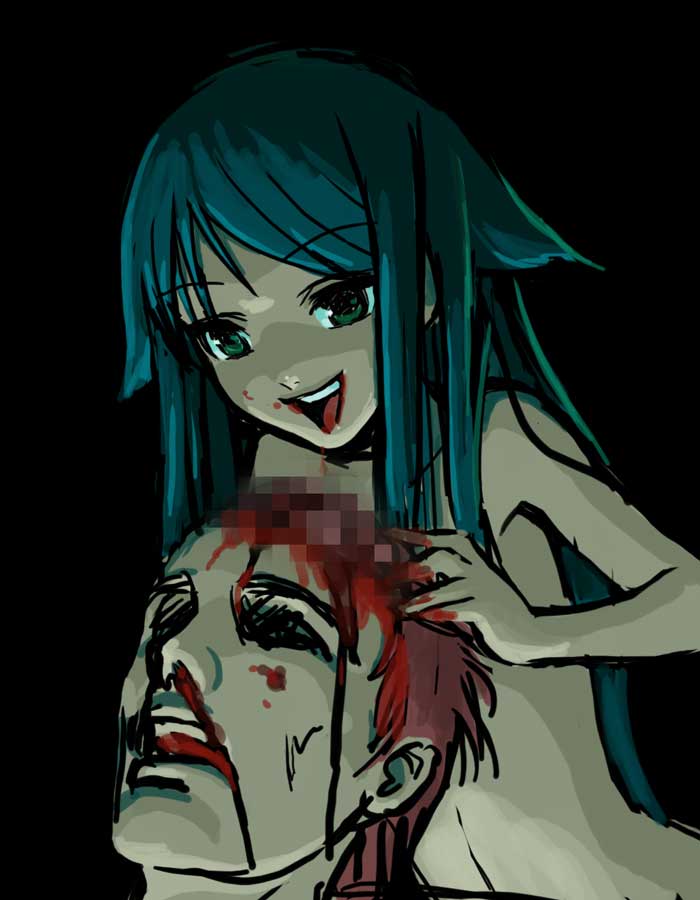 saya (saya no uta), tonoo kouji, saya no uta, 1boy, 1girl, blood, blood on face, brain, cannibalism, censored, censored violence, corpse, green eyes, green hair, guro, mosaic censoring, nosebleed, nude