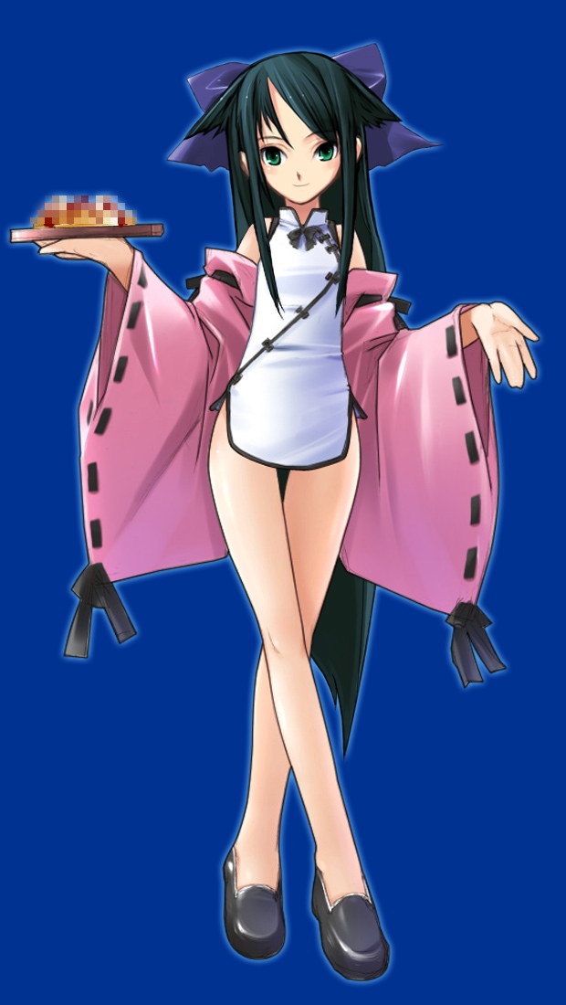 haga yui, saya (saya no uta), saya no uta, third-party edit, 1girl, censored, censored food, chinese clothes, detached sleeves, female focus, green eyes, green hair, matching hair/eyes, mosaic censoring, ribbon, smile, solo, thigh gap