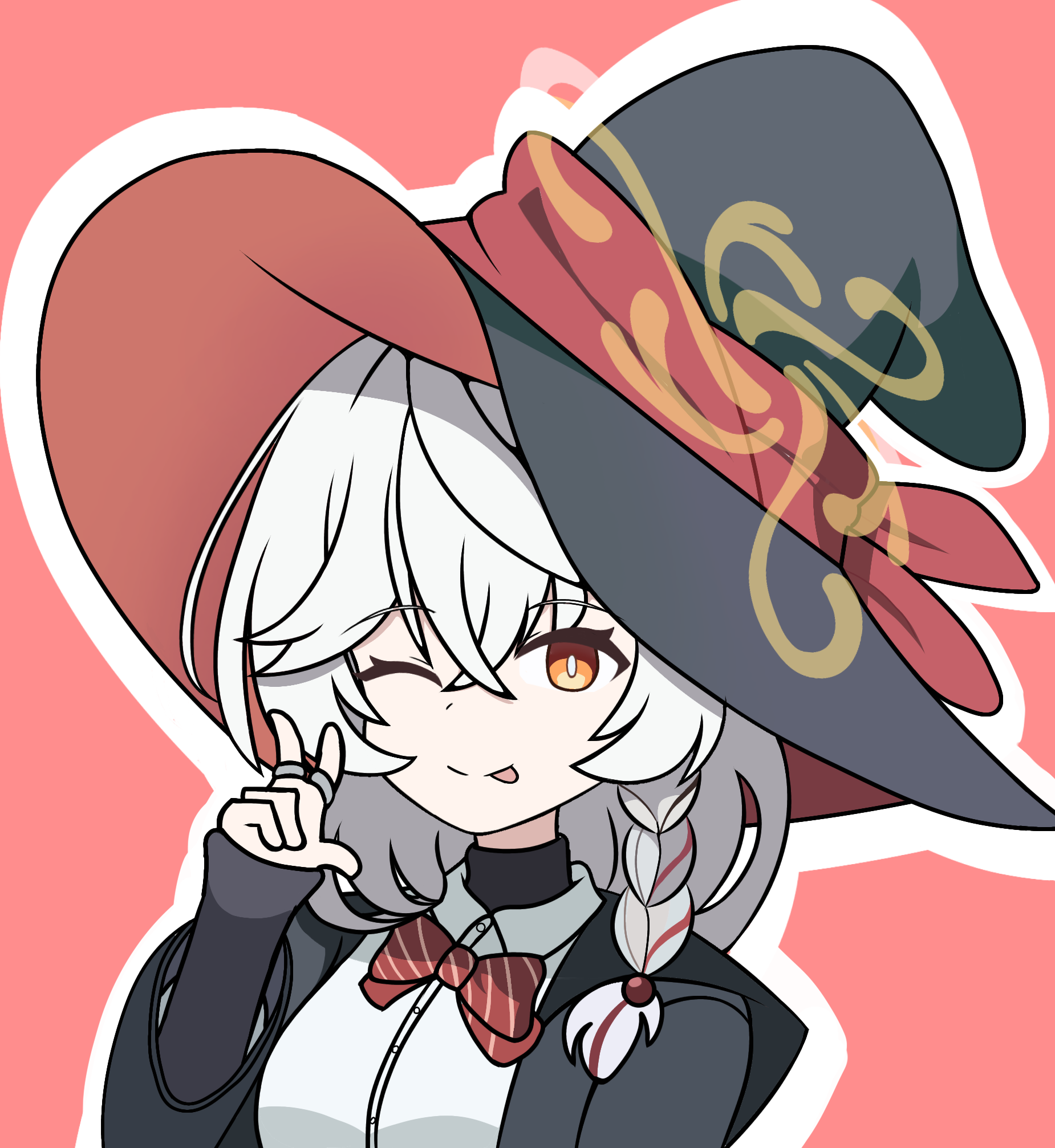 eri (blue archive), blue archive, bow, bowtie, braid, halo, hat, jacket, jewelry, long coat, long hair, one eye closed, ring, shirt, skirt, sweater, tongue, tongue out, upper body, v, white hair, wink, witch hat
