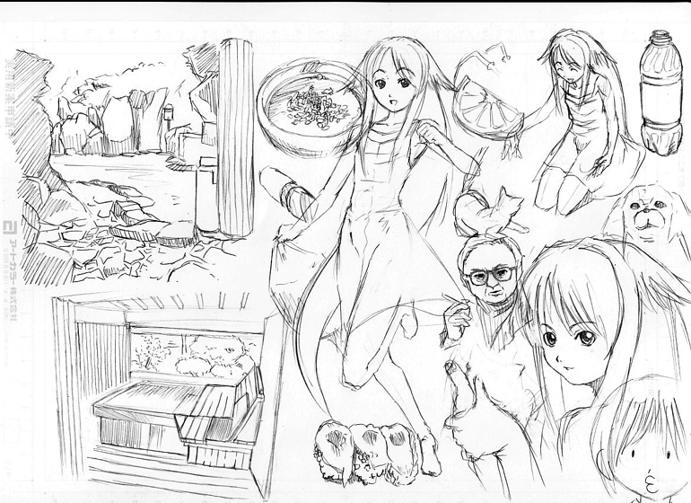 saya (saya no uta), saya no uta, 1boy, 2girls, barefoot, bottle, cat, dog, food, fruit, greyscale, lemon, long hair, monochrome, multiple girls, reference sheet, sketch, very long hair
