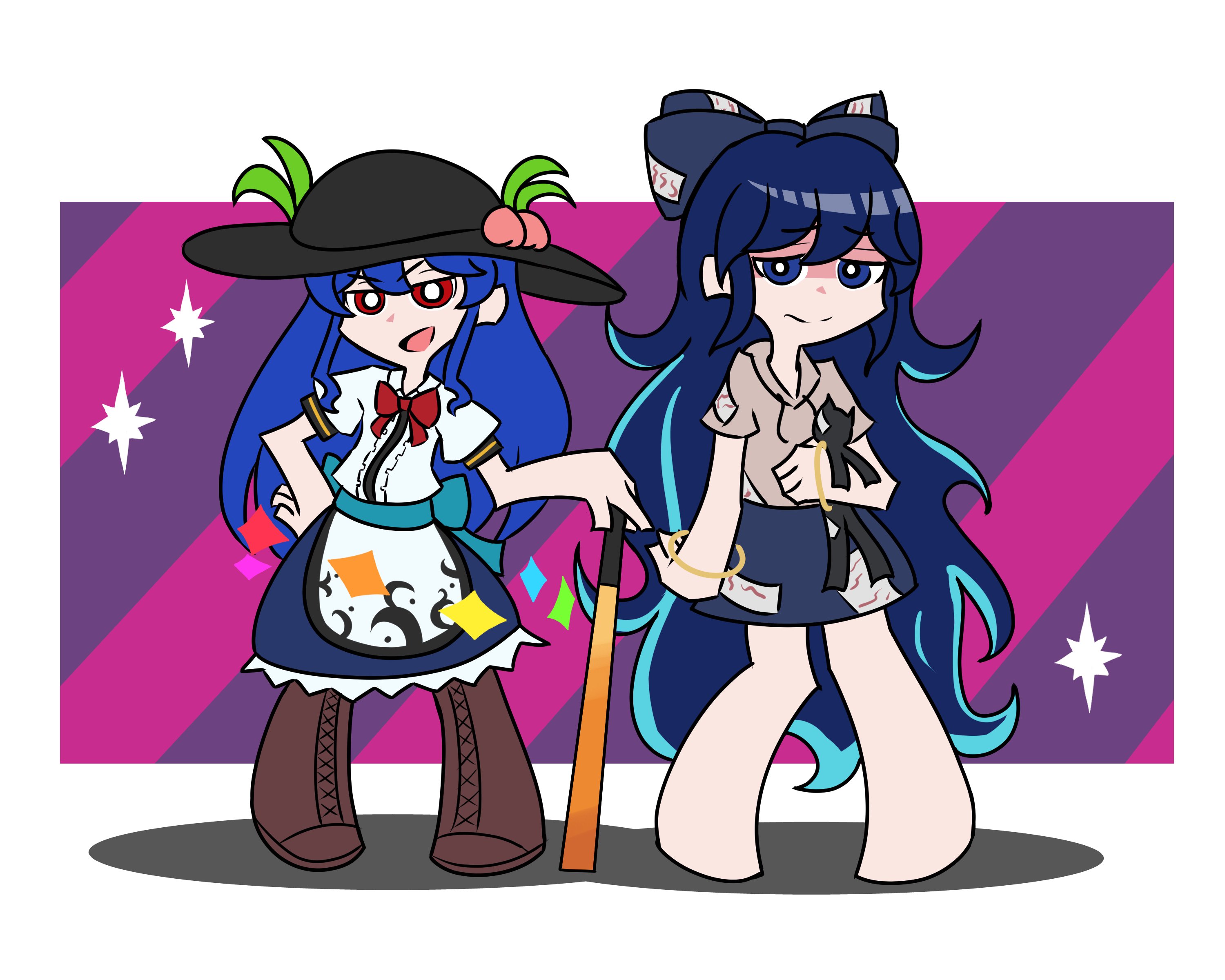 avian zebra, hinanawi tenshi, yorigami shion, panty & stocking with garterbelt, touhou, absurdres, commentary, highres, 2girls, black hair, blue bow, blue eyes, blue hair, boots, bow, bowtie, brown boots, frilled bow, frilled skirt, frills, full body, grey shirt, long hair, looking at viewer, multiple girls, open mouth, panty & stocking with garterbelt (style), red bow, red bowtie, red eyes, shirt, skirt