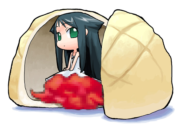 hirai yukio, saya (saya no uta), futaba channel, saya no uta, 1girl, bread, censored, censored food, chibi, chibi only, fake censor, female focus, food, hair flaps, melon bread, mini person, minigirl, mosaic censoring, solo