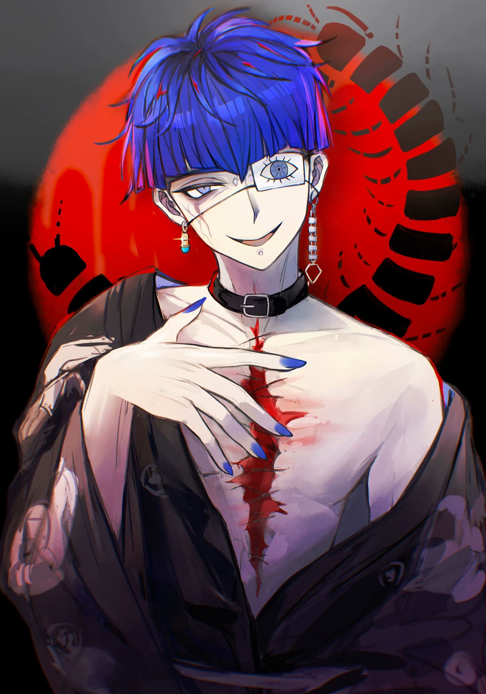 omokage yugamu, the hundred line -last defense academy-, highres, 1boy, black background, black collar, black hair, black haori, black kimono, blue hair, blue nails, centipede print, collar, earrings, eye print, eyepatch, face piercing, facial mark, grey background, hand up, haori, japanese clothes, jewelry, kimfour, kimono, kimono partially removed, labret piercing, male focus, multicolored hair, piercing, print eyepatch, purple eyes, red background, scar, scar on chest, short hair, single bare shoulder, smile, stitching, three-toned background, upper body