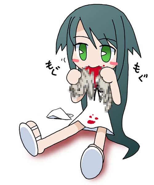 saya (saya no uta), saya no uta, 1girl, blood, cat, corpse, eating, female focus, green eyes, green hair, long hair, matching hair/eyes, sitting, solo