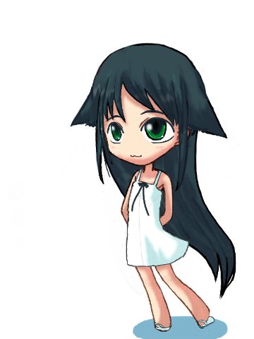 saya (saya no uta), saya no uta, lowres, 1girl, :3, armpits, arms behind back, bare arms, chibi, chibi only, dress, female focus, green eyes, green hair, long hair, matching hair/eyes, sandals, simple background, sleeveless, sleeveless dress, solo, very long hair, white background, white dress