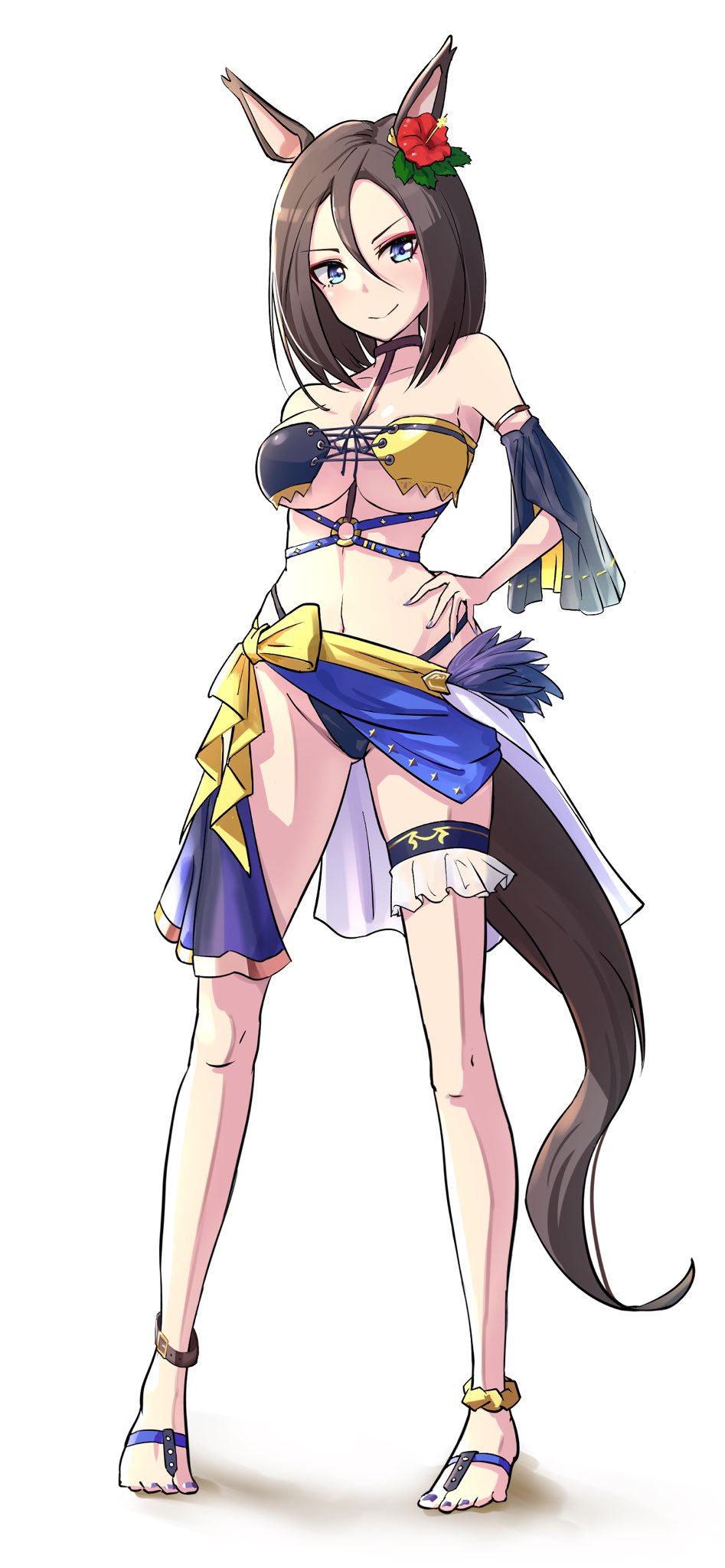 kyabetsuman, air groove (umamusume), umamusume, highres, 1girl, animal ears, bikini, breasts, brown hair, full body, hair between eyes, hand on own hip, horse ears, horse girl, horse tail, looking at viewer, medium hair, o-ring, o-ring bikini, sarong, simple background, solo, standing, swimsuit, tail, white background