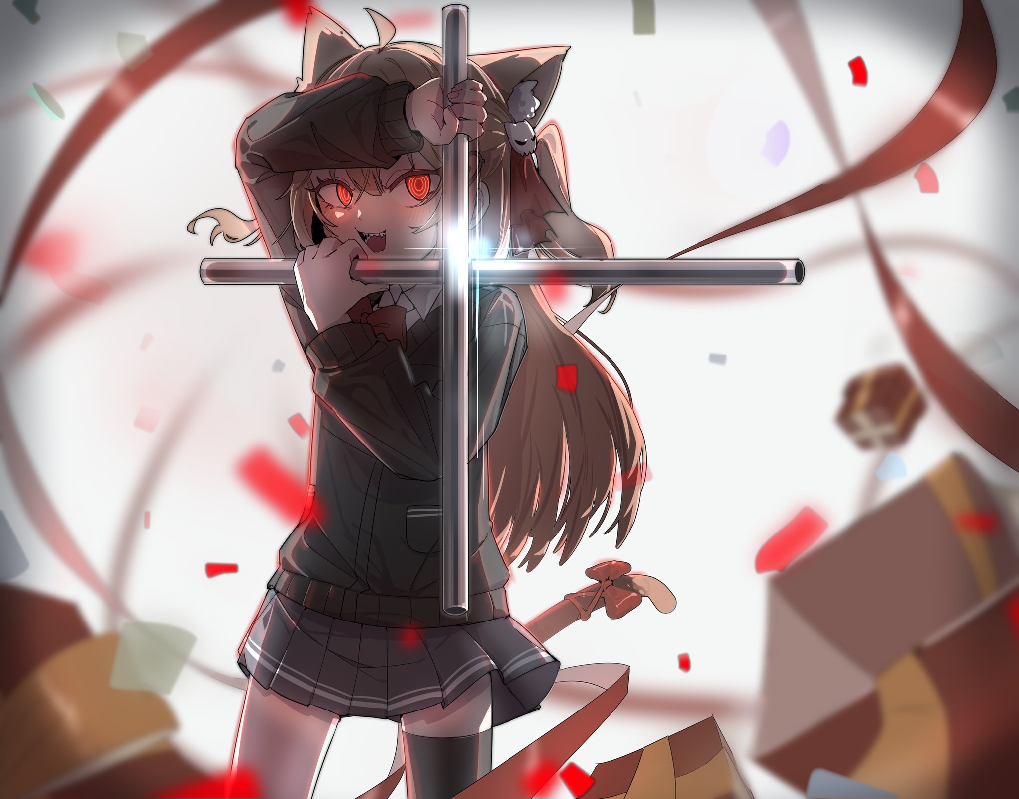 eenightlamp, evil neuro-sama, neuro-sama, hellsing, commentary, english commentary, highres, 1girl, :d, ahoge, alexander anderson's pose, animal ear fluff, animal ears, arm up, black cardigan, black skirt, black thighhighs, blurry, blurry background, bow, bowtie, box, brown hair, cardigan, cat ears, cat tail, collared shirt, confetti, cowboy shot, facing viewer, gift, gift box, glint, glowing, glowing eyes, hair between eyes, hair ornament, hair ribbon, hand up, holding, holding lead pipe, lead pipe, long hair, long sleeves, looking at viewer, open mouth, pleated skirt, pocket, red bow, red bowtie, red eyes, red ribbon, ribbon, sharp teeth, shirt, single thighhigh, skirt, skull hair ornament, smile, solo, standing, tail, tail ornament, tail ribbon, teeth, thighhighs, two side up, vedal ai, virtual youtuber, white shirt