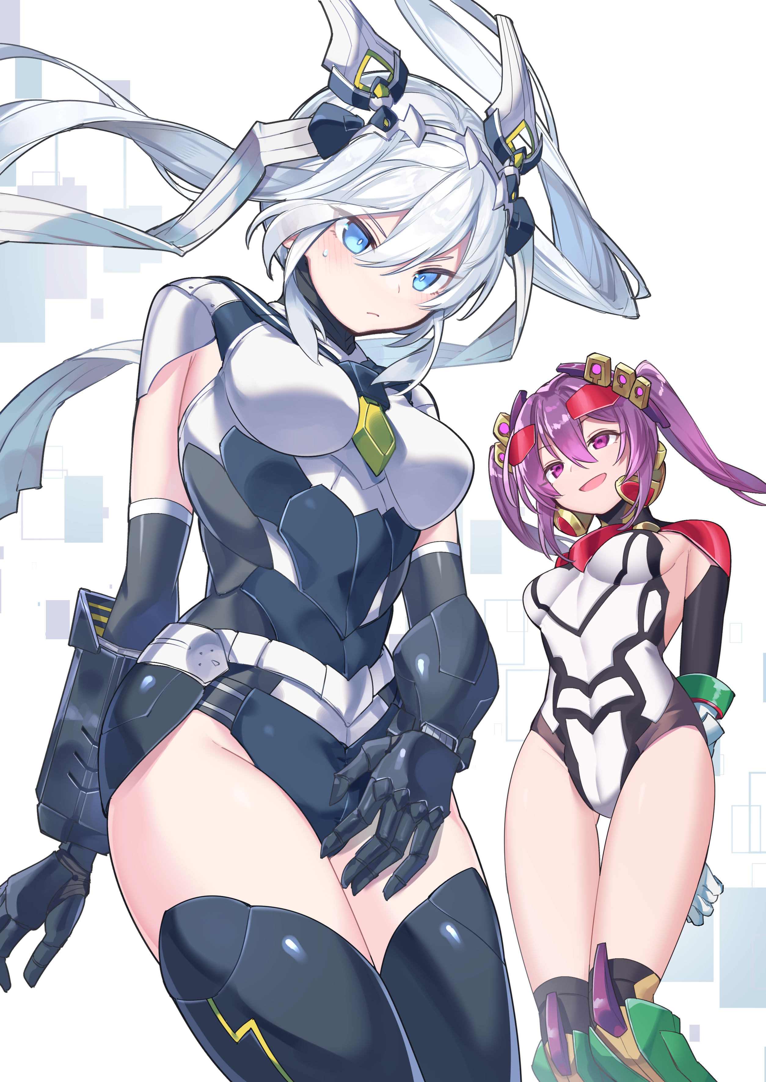 kuuron (moesann17), puzzle & dragons, absurdres, highres, 2girls, armida (puzzle & dragons), blue eyes, blush, breasts, claudia (puzzle & dragons), embarrassed, eyes visible through hair, from below, hair between eyes, hair ornament, long hair, looking at another, looking down, mechanical arms, mechanical legs, medium breasts, multiple girls, purple eyes, purple hair, science fiction, solo, sweat, thighhighs, white hair, zettai ryouiki