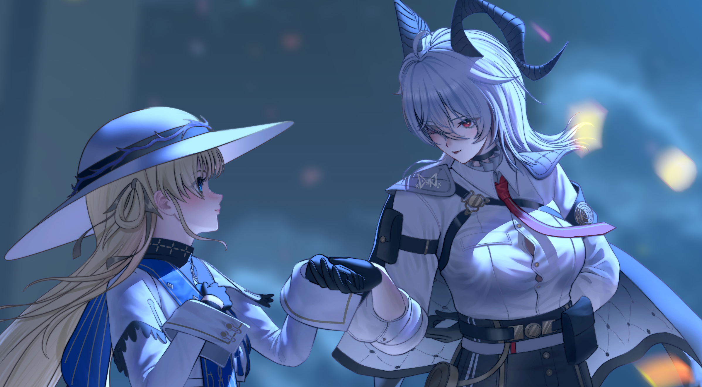cupman, phoebe (wuthering waves), zani (wuthering waves), wuthering waves, commentary, english commentary, highres, 2girls, arm pouch, armband, black armband, black collar, black gloves, black horns, blonde hair, blue eyes, blue sash, blurry, blurry background, breasts, button gap, chest harness, collar, curled horns, gloves, harness, hat, high-waist pants, holding hands, horns, jacket, jacket on shoulders, large breasts, long hair, looking at another, multiple girls, necktie, pants, red eyes, red necktie, sash, shirt tucked in, tight clothes, tight pants, white hair, white hat, yuri