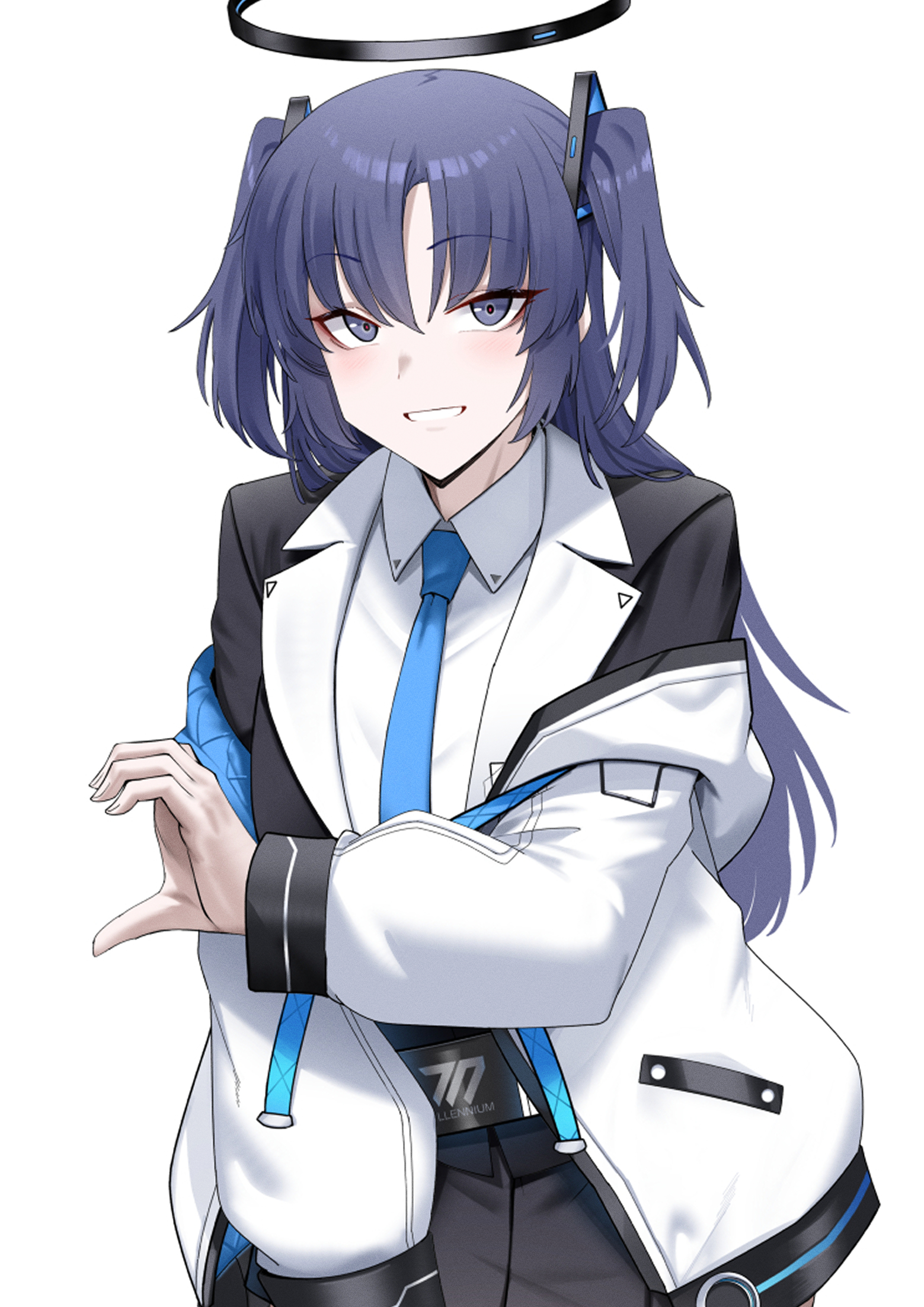 cliov, yuuka (blue archive), blue archive, commentary, highres, 1girl, black halo, black jacket, black skirt, blue eyes, blue hair, blue necktie, collared shirt, grin, half-heart hands, halo, hand up, jacket, looking at viewer, necktie, off shoulder, open clothes, open jacket, pleated skirt, shirt, simple background, skirt, smile, solo, two side up, white background, white jacket, white shirt